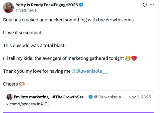 Post calling the Growth Series episode a total blast and the avengers of marketing