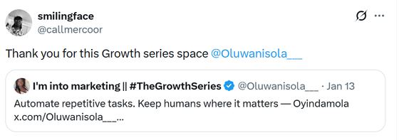 Post thanking the host for the Growth Series space