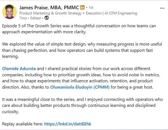 LinkedIn post from James Praise reflecting on the experimentation episode